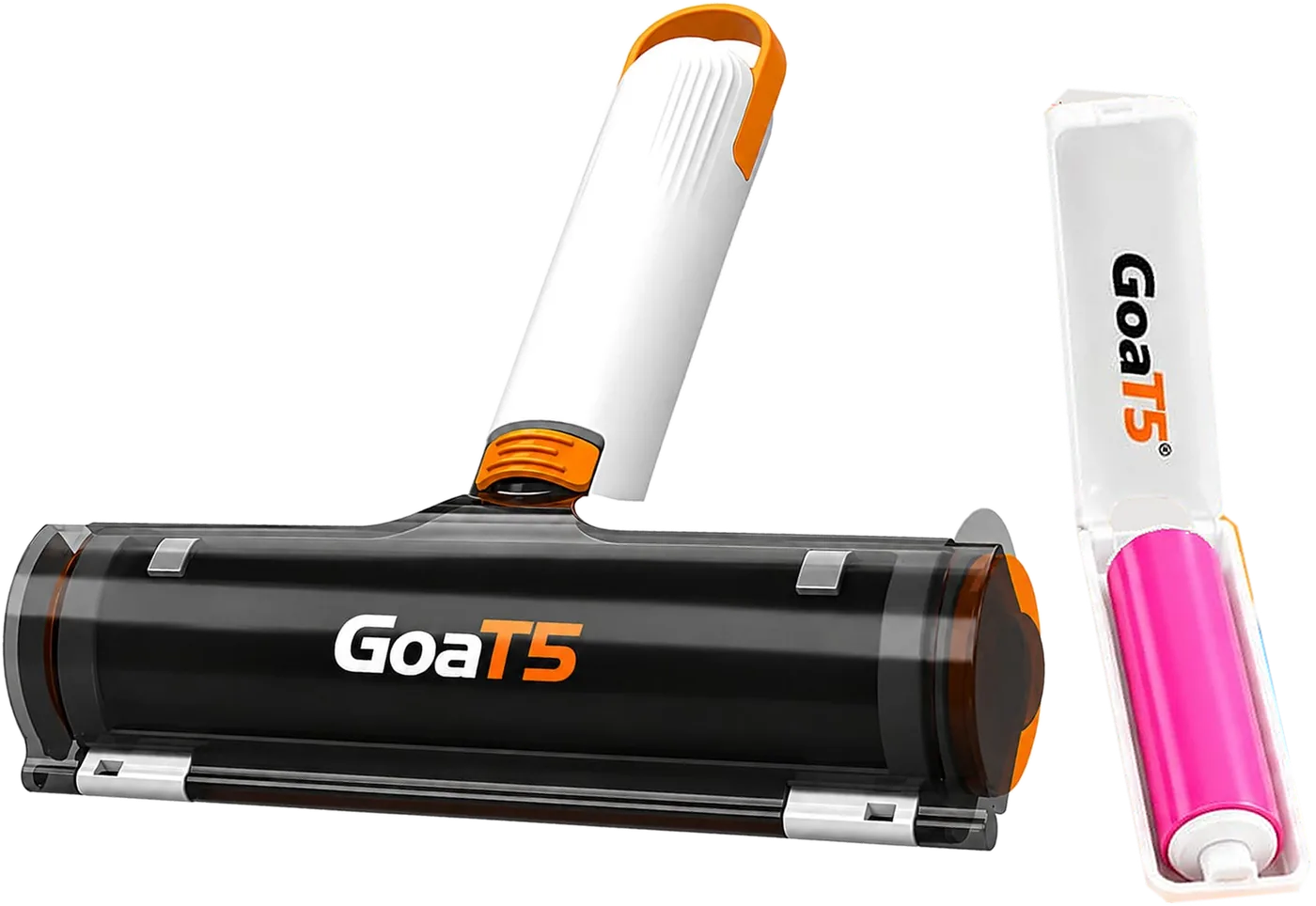 The black and orange GoaT5 pet hair roller next to the pink GoaT5 mini lint roller