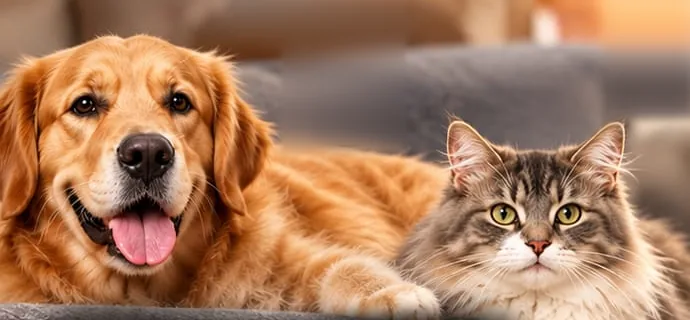 A golden retriever and a tabby cat lying together on a sofa